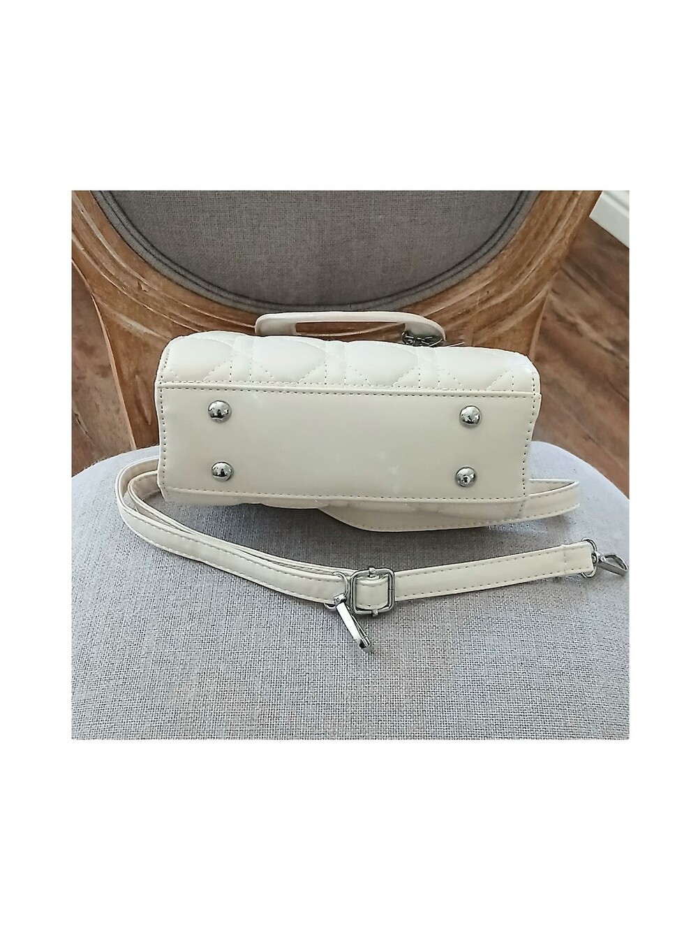 Mini Cream Quilted Top-Handle Bag with Silver Hardware Initials - Picture 3 of 6